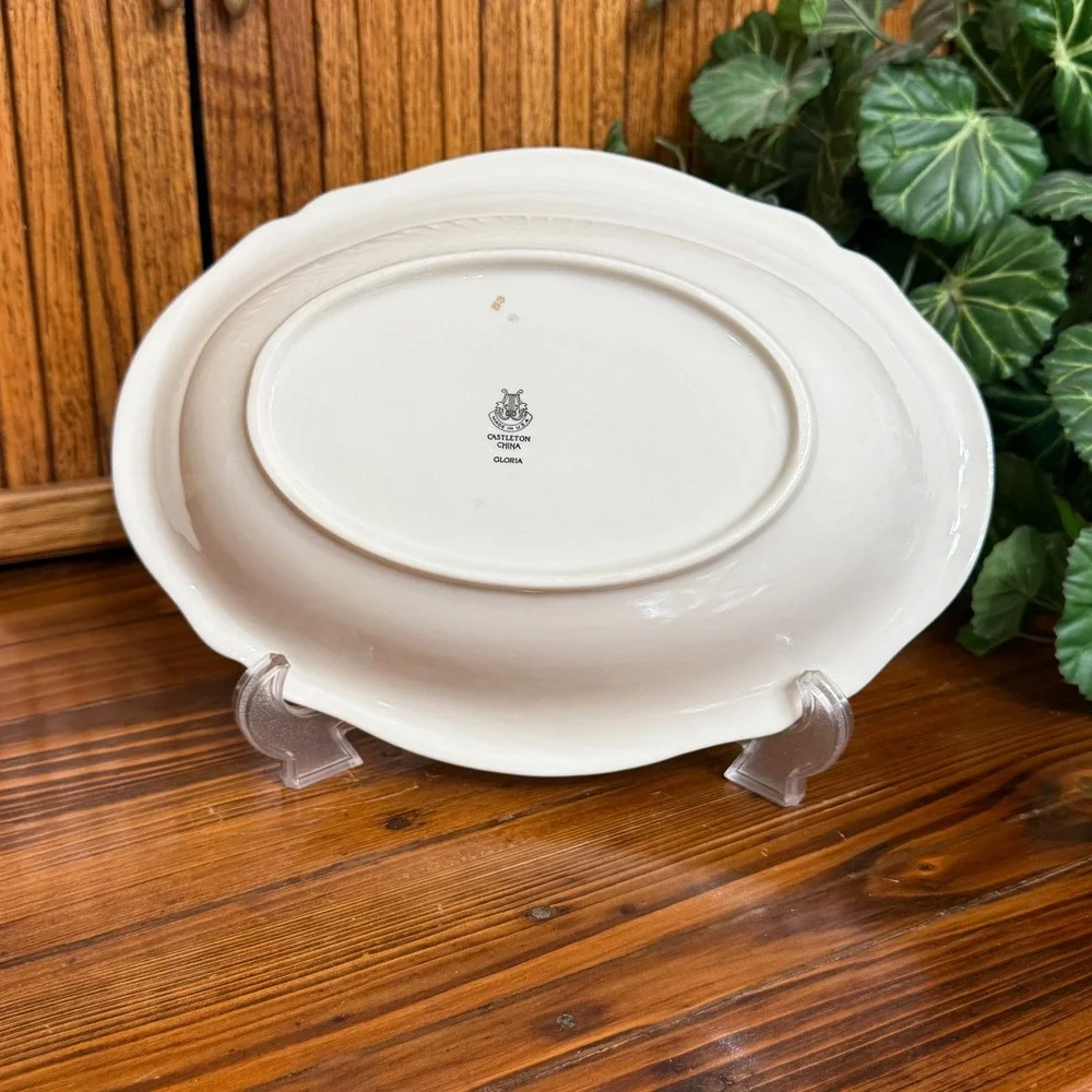 Castleton China Gloria Oval Vegetable Bowl Gray Rose Gold Trim Blue Made in USA